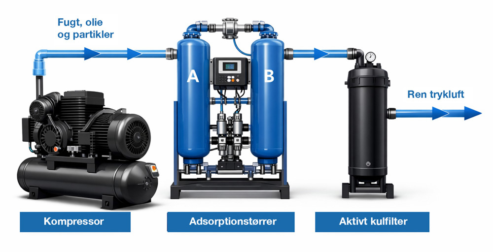 Eksempel på hvordan setup'et med en kompressor, adsorptionstørrer og et aktivt kulfilter kan se ud